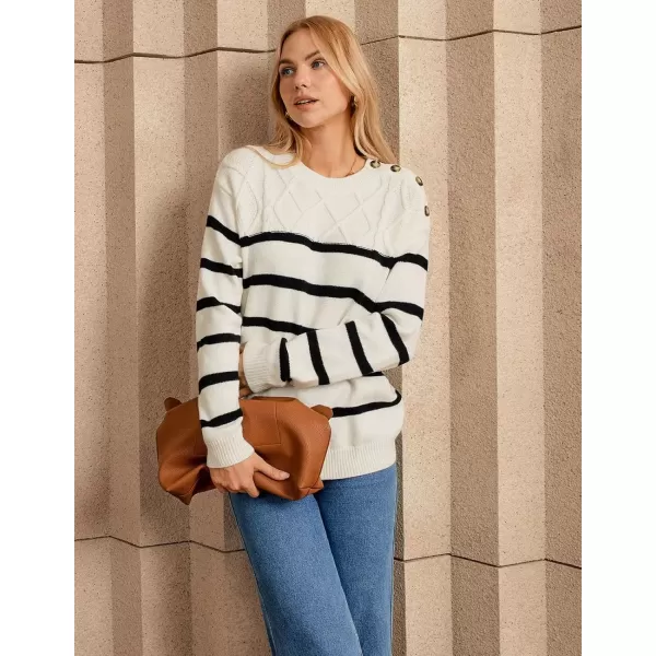 imageGRACE KARIN Womens 2024 Fall Winter Striped Sweater Oversized Crew Neck Cable Knit Sweater Button Shoulder Pullover TopsWhite