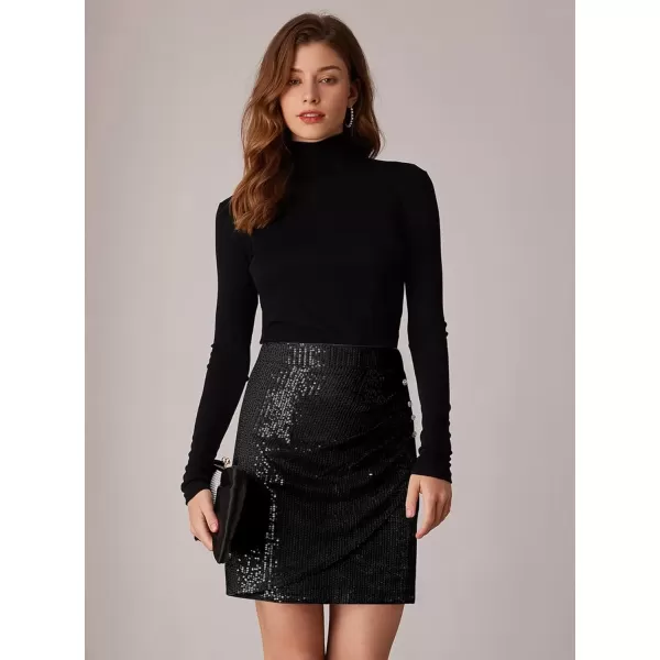 imageGRACE KARIN Womens 2024 Sequin Bodycon Skirt Sparkly Ruched Mini Skirts Shiny Glitter Night Out Party Pencil SkirtBlack