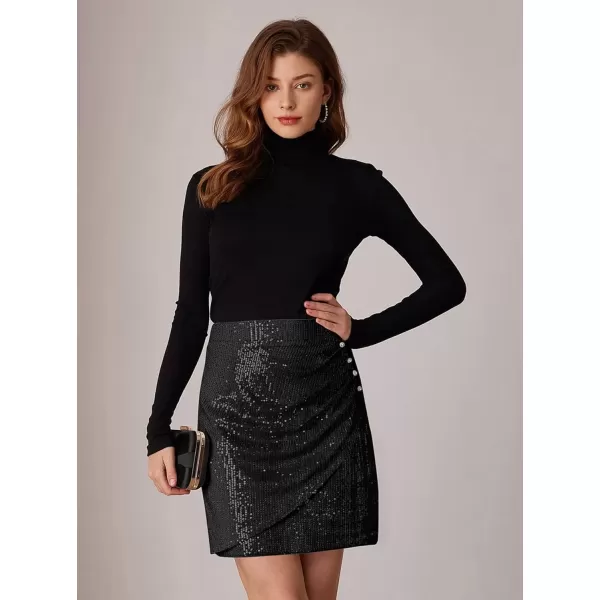 imageGRACE KARIN Womens 2024 Sequin Bodycon Skirt Sparkly Ruched Mini Skirts Shiny Glitter Night Out Party Pencil SkirtBlack
