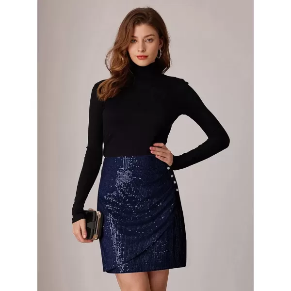 imageGRACE KARIN Womens 2024 Sequin Bodycon Skirt Sparkly Ruched Mini Skirts Shiny Glitter Night Out Party Pencil SkirtNavy Blue