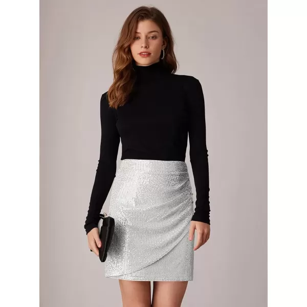 imageGRACE KARIN Womens 2024 Sequin Bodycon Skirt Sparkly Ruched Mini Skirts Shiny Glitter Night Out Party Pencil SkirtSliver