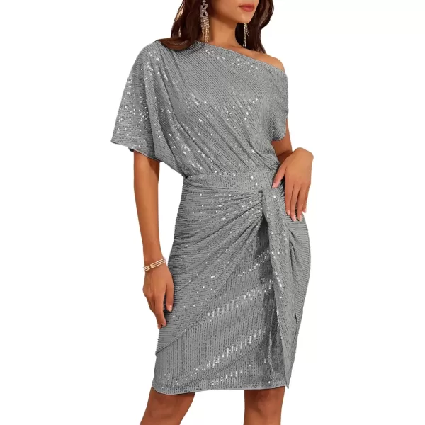 imageGRACE KARIN Womens Sequin Sparkly Glitter Party Club Dress One Shoulder Ruched Cocktail Bodycon DressSliver Grey