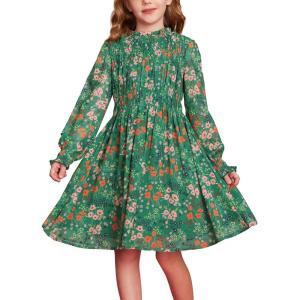 imageGRACE KARIN Girls Floral Long Sleeve Dresses Kid Mock Neck High Waist Casual Formal Elegant Fall Dress Size 514YGreen Flower