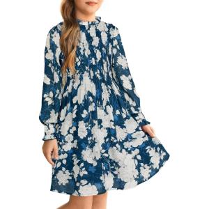 imageGRACE KARIN Girls Floral Long Sleeve Dresses Kid Mock Neck High Waist Casual Formal Elegant Fall Dress Size 514YNavy Floral