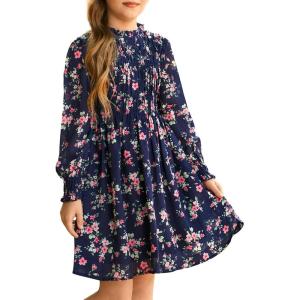 imageGRACE KARIN Girls Floral Long Sleeve Dresses Kid Mock Neck High Waist Casual Formal Elegant Fall Dress Size 514YNavy Flower