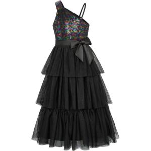 imageGRACE KARIN Girls Sequin Tulle Dress One Shoulder Formal Party Holiday Maxi Dress for Girl 614YBlack