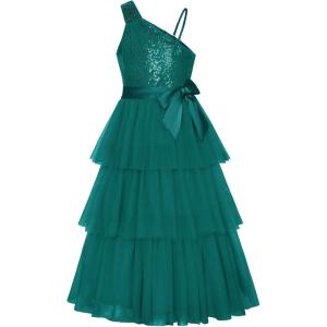 imageGRACE KARIN Girls Sequin Tulle Dress One Shoulder Formal Party Holiday Maxi Dress for Girl 614YDark Green