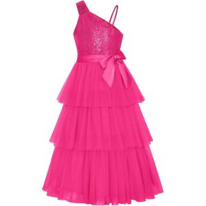 imageGRACE KARIN Girls Sequin Tulle Dress One Shoulder Formal Party Holiday Maxi Dress for Girl 614YHot Pink