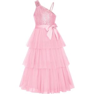 imageGRACE KARIN Girls Sequin Tulle Dress One Shoulder Formal Party Holiday Maxi Dress for Girl 614YPink