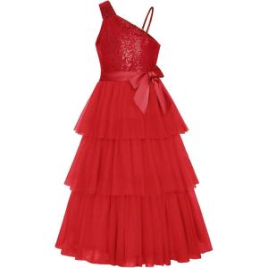 imageGRACE KARIN Girls Sequin Tulle Dress One Shoulder Formal Party Holiday Maxi Dress for Girl 614YRed