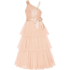 imageGRACE KARIN Girls Sequin Tulle Dress One Shoulder Formal Party Holiday Maxi Dress for Girl 614YRose Gold