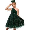 imageGRACE KARIN Girls Sequin Dress One Shoulder Wedding Party Gown with Hair Bow 512YDark Green