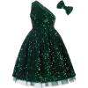 imageGRACE KARIN Girls Sequin Dress One Shoulder Wedding Party Gown with Hair Bow 512YDark Green