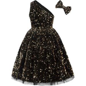imageGRACE KARIN Girls Sequin Dress One Shoulder Wedding Party Gown with Hair Bow 512YBlack Gold