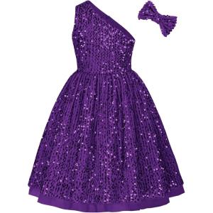 imageGRACE KARIN Girls Sequin Dress One Shoulder Wedding Party Gown with Hair Bow 512YDeep Purple