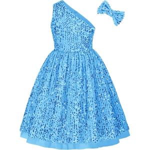 imageGRACE KARIN Girls Sequin Dress One Shoulder Wedding Party Gown with Hair Bow 512YLight Blue
