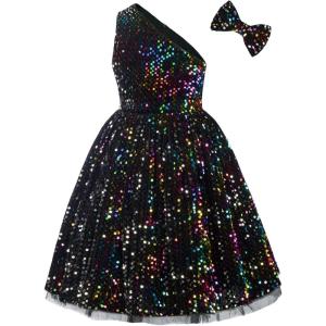 imageGRACE KARIN Girls Sequin Dress One Shoulder Wedding Party Gown with Hair Bow 512YMulticolor