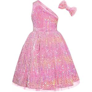 imageGRACE KARIN Girls Sequin Dress One Shoulder Wedding Party Gown with Hair Bow 512YPastel