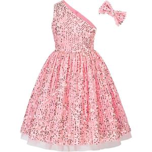 imageGRACE KARIN Girls Sequin Dress One Shoulder Wedding Party Gown with Hair Bow 512YPink