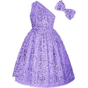 imageGRACE KARIN Girls Sequin Dress One Shoulder Wedding Party Gown with Hair Bow 512YPurple