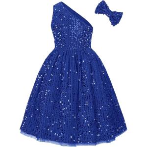 imageGRACE KARIN Girls Sequin Dress One Shoulder Wedding Party Gown with Hair Bow 512YRoyal Blue