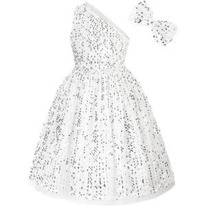 imageGRACE KARIN Girls Sequin Dress One Shoulder Wedding Party Gown with Hair Bow 512YSilver
