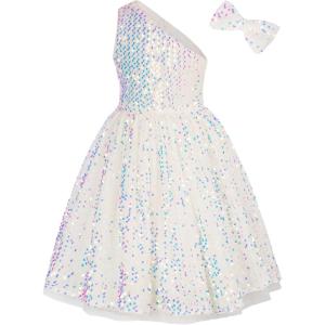 imageGRACE KARIN Girls Sequin Dress One Shoulder Wedding Party Gown with Hair Bow 512YWhite