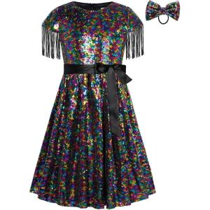 imageGRACE KARIN Girls Sequin Dress Prom Party Formal Fringe Sleeve Dresses Size 514 with HairbowBlack Multicolor
