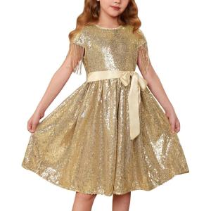 imageGRACE KARIN Girls Sequin Dress Prom Party Formal Fringe Sleeve Dresses Size 514 with HairbowGold