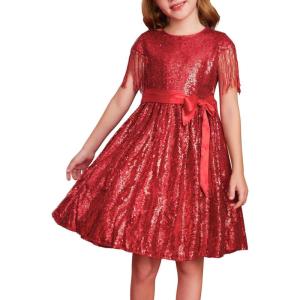 imageGRACE KARIN Girls Sequin Dress Prom Party Formal Fringe Sleeve Dresses Size 514 with HairbowRed