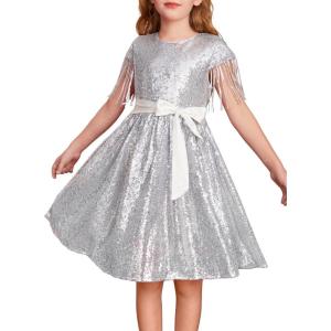 imageGRACE KARIN Girls Sequin Dress Prom Party Formal Fringe Sleeve Dresses Size 514 with HairbowSilver