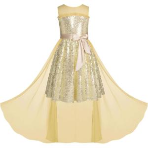 imageGRACE KARIN Girls Sequin Party Dress Formal Wedding Birthday Midi Sleeveless Dress 512YLight Gold