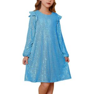 imageGRACE KARIN Girls Long Sleeve Sequin Dresses Kids Crew Neck Sparkly Ruffle Formal Party Dress with Hairbow 512YLight Blue