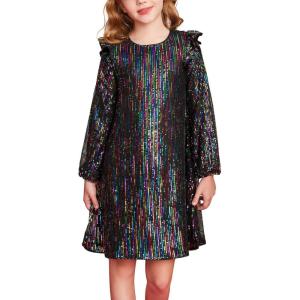 imageGRACE KARIN Girls Long Sleeve Sequin Dresses Kids Crew Neck Sparkly Ruffle Formal Party Dress with Hairbow 512YMulticolor Black