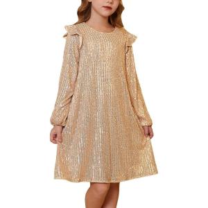 imageGRACE KARIN Girls Long Sleeve Sequin Dresses Kids Crew Neck Sparkly Ruffle Formal Party Dress with Hairbow 512YRose Gold