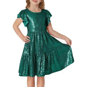 imageGRACE KARIN Girls Party Dress Sequin Formal Fancy Birthday Dress for Girls Prom Ruffle Midi Dress 514YearsDark Green