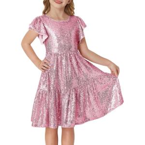 imageGRACE KARIN Girls Party Dress Sequin Formal Fancy Birthday Dress for Girls Prom Ruffle Midi Dress 514YearsPink