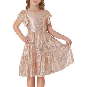 imageGRACE KARIN Girls Party Dress Sequin Formal Fancy Birthday Dress for Girls Prom Ruffle Midi Dress 514YearsRose Gold