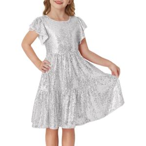 imageGRACE KARIN Girls Party Dress Sequin Formal Fancy Birthday Dress for Girls Prom Ruffle Midi Dress 514YearsSilver