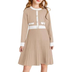 imageGRACE KARIN Girls Sweater Fall Dress Long Sleeve Knit A Line Contrast Casual Winter Dresses 614YBeige