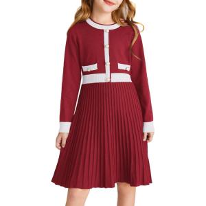 imageGRACE KARIN Girls Sweater Fall Dress Long Sleeve Knit A Line Contrast Casual Winter Dresses 614YBurgundy