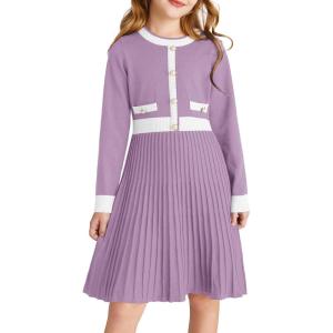 imageGRACE KARIN Girls Sweater Fall Dress Long Sleeve Knit A Line Contrast Casual Winter Dresses 614YDeep Purple