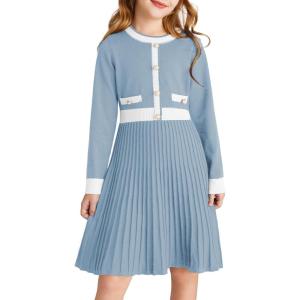 imageGRACE KARIN Girls Sweater Fall Dress Long Sleeve Knit A Line Contrast Casual Winter Dresses 614YLight Blue