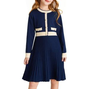 imageGRACE KARIN Girls Sweater Fall Dress Long Sleeve Knit A Line Contrast Casual Winter Dresses 614YNavy Blue