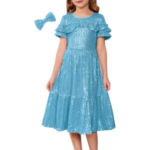imageGRACE KARIN Girls Sequin Dress Short Sleeve Sparkle Birthday Party Prom Dress with Hair Bow 512YLight Blue