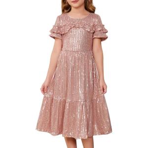 imageGRACE KARIN Girls Sequin Dress Short Sleeve Sparkle Birthday Party Prom Dress with Hair Bow 512YPink Gold