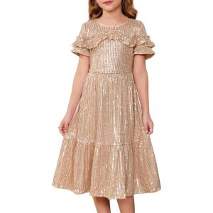 imageGRACE KARIN Girls Sequin Dress Short Sleeve Sparkle Birthday Party Prom Dress with Hair Bow 512YRose Gold