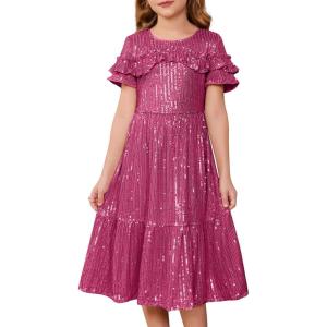 imageGRACE KARIN Girls Sequin Dress Short Sleeve Sparkle Birthday Party Prom Dress with Hair Bow 512YRose Red