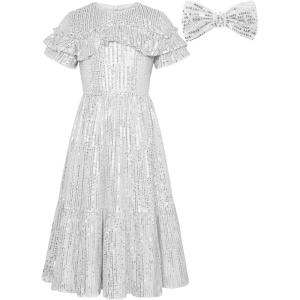 imageGRACE KARIN Girls Sequin Dress Short Sleeve Sparkle Birthday Party Prom Dress with Hair Bow 512YSilver
