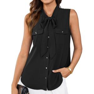 imageGRACE KARIN Womens Stand Collar Tie Neck Tank Tops Sleeveless Work Bow Top ShirtsBlack